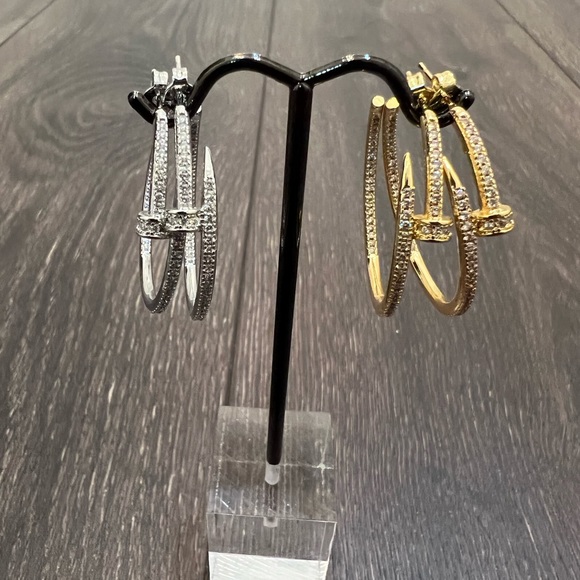 18K Yellow gold plated Nail inside/outside cubic zirconia hoop earrings 35mm - Picture 3 of 6